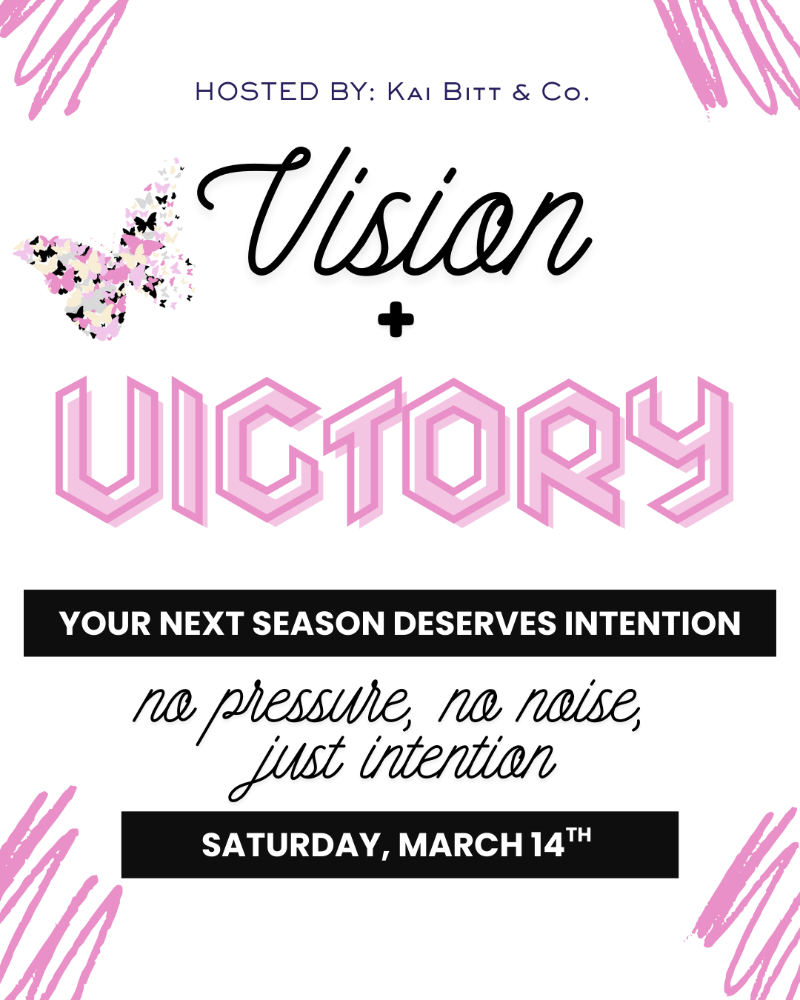 Promotional graphic for 'Vision + Victory' event hosted by Kai Bitt & Co. with pink and black design elements.